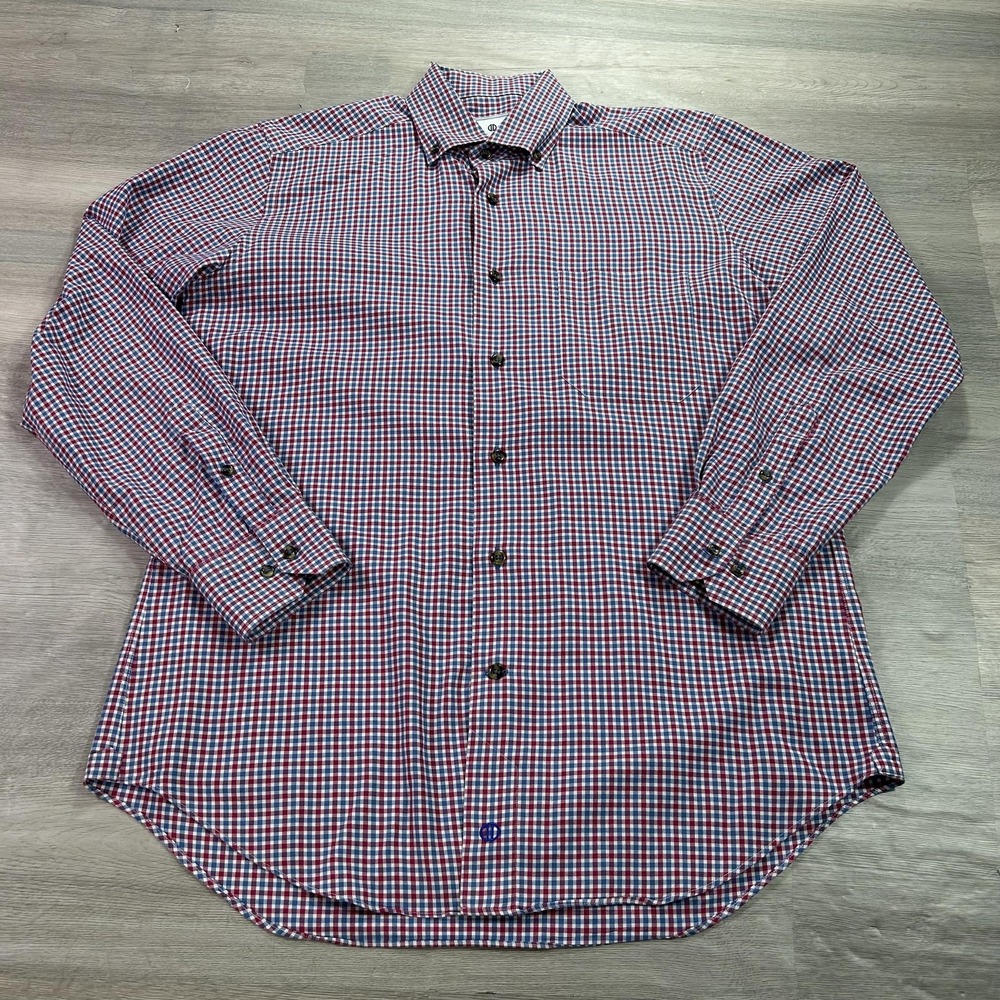 David Donahue Shirt Mens Medium Red Blue‎ Gingham Dress Button Front Cotton
